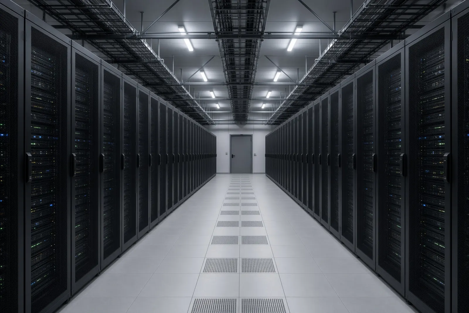 Data center aisle with server racks and overhead cable tray