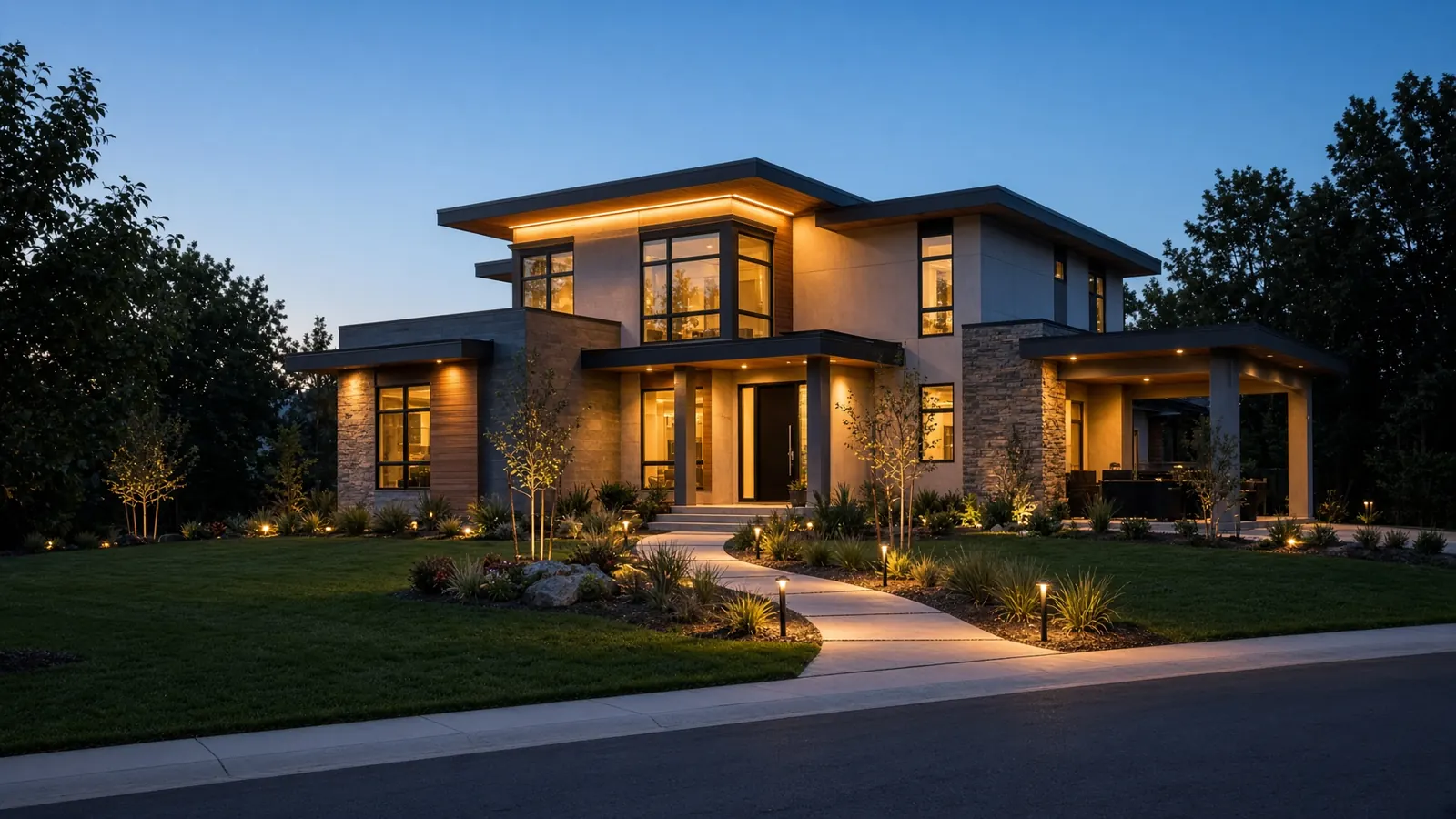 Modern home with exterior and landscape lighting at dusk