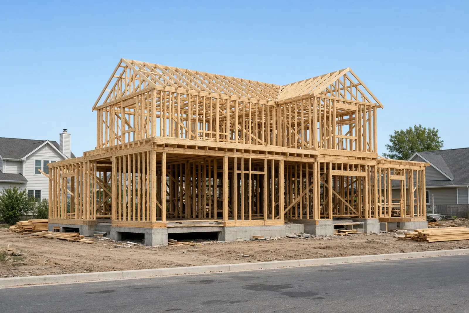 Two-story house at the framing stage
