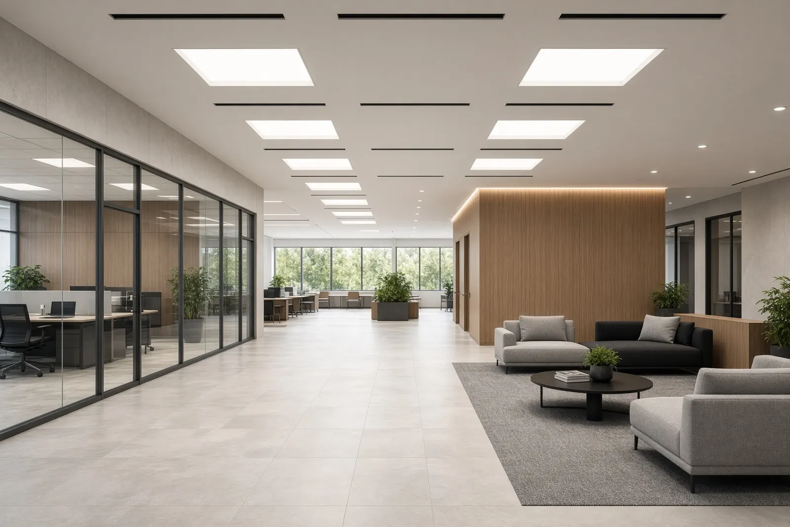 Office common area with recessed panel and cove lighting