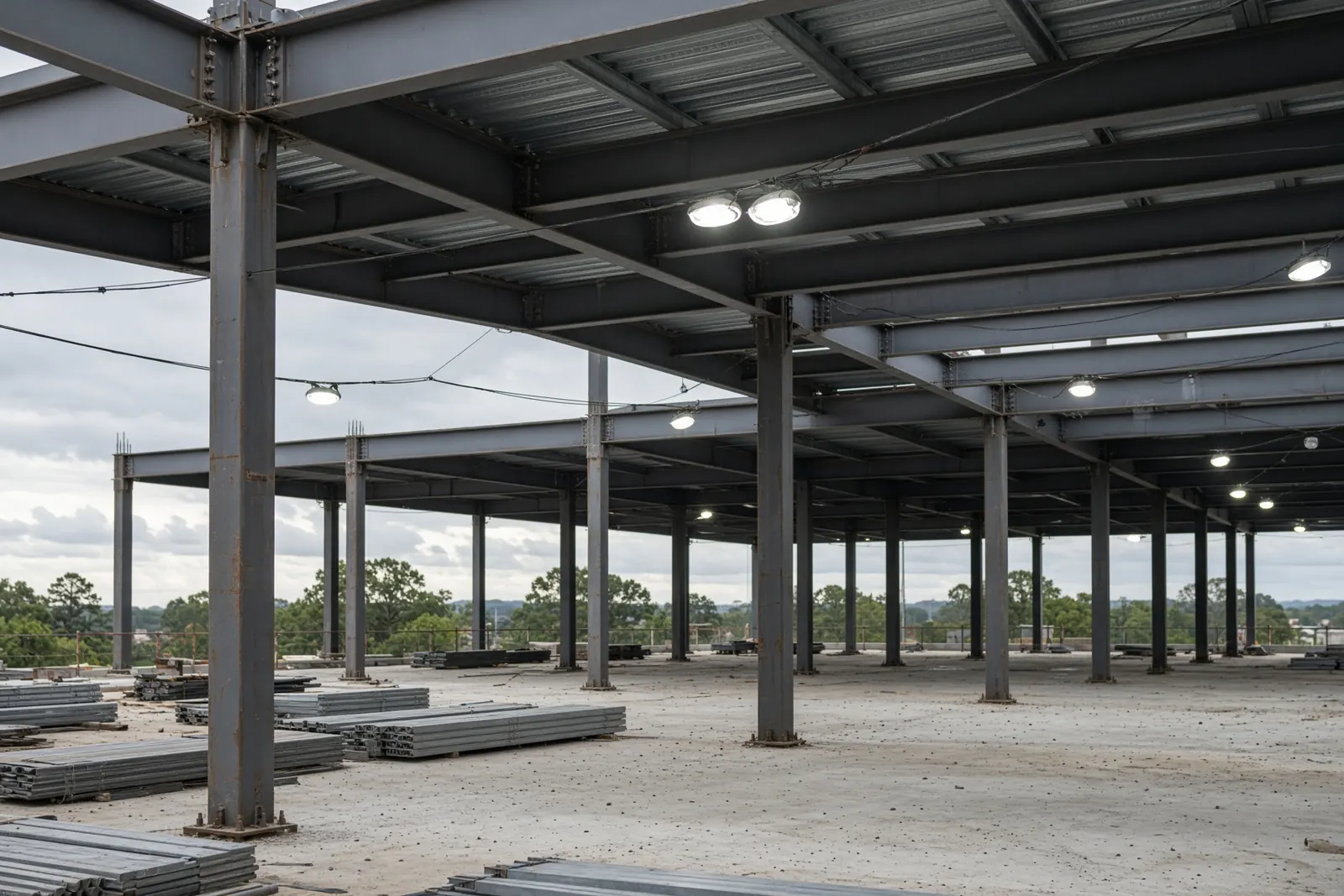 Steel structure with temporary lighting during construction