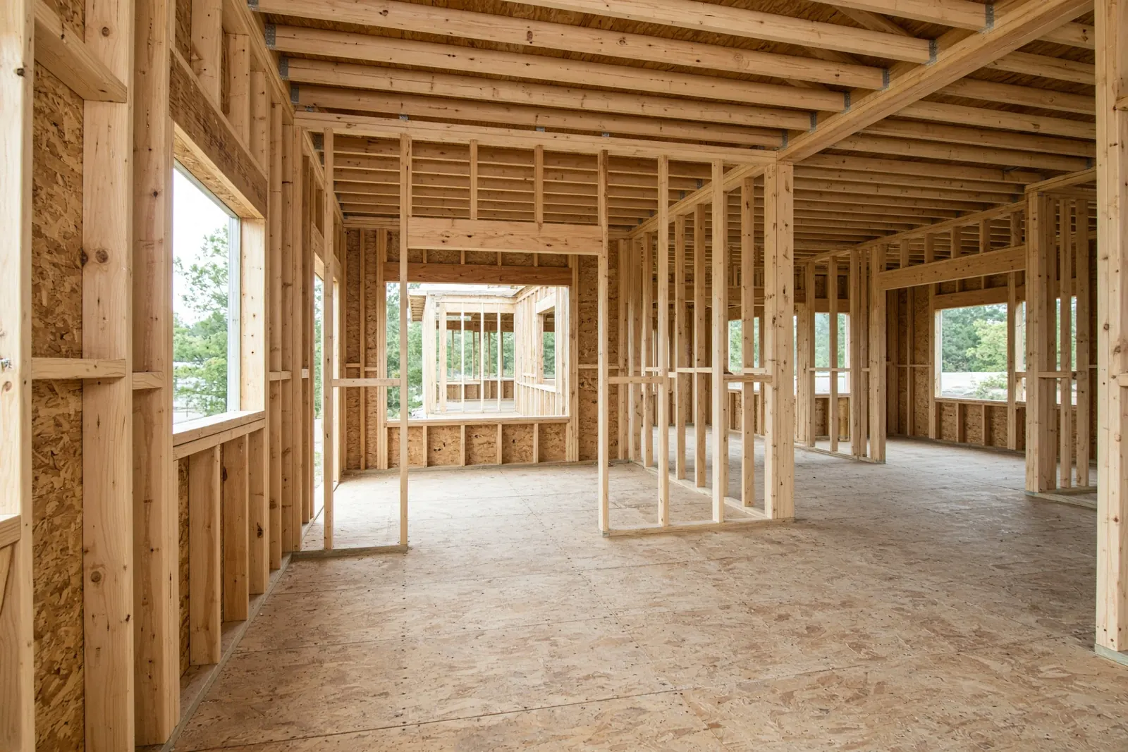 Interior of a wood-framed house before rough-in
